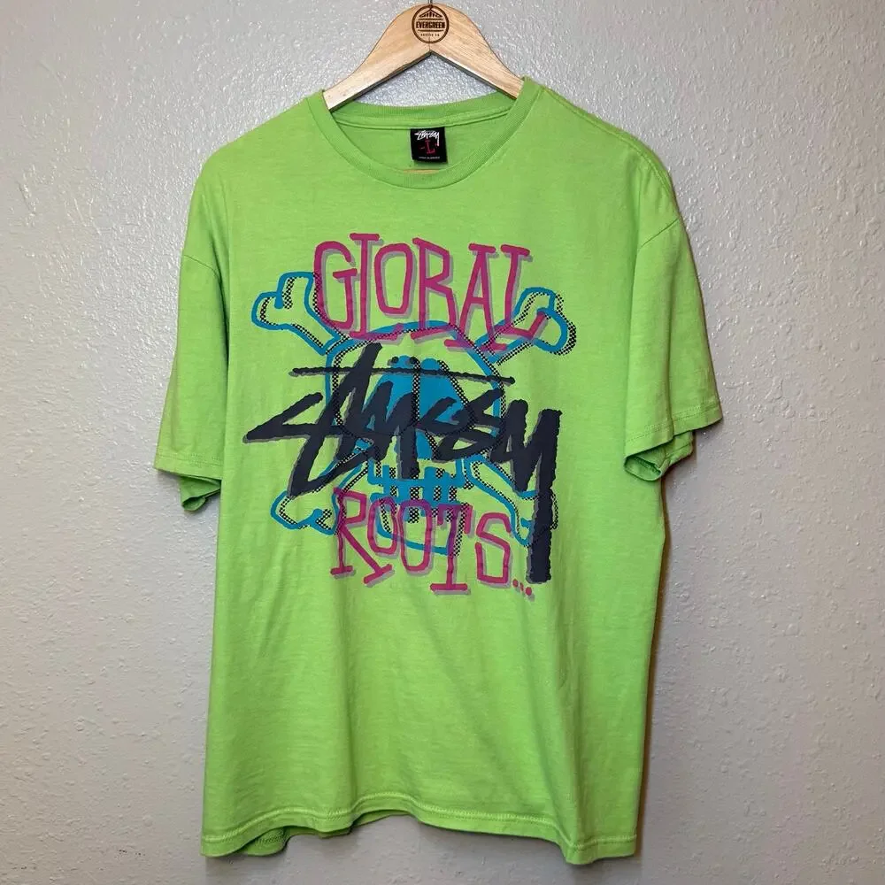 VTG Stussy Shirt Global Roots VTG Skull Crossbones Lime Green Men’s Size Large